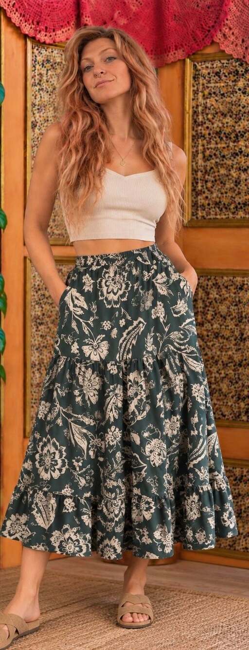 So Midi Skirt Green Floral Tiered